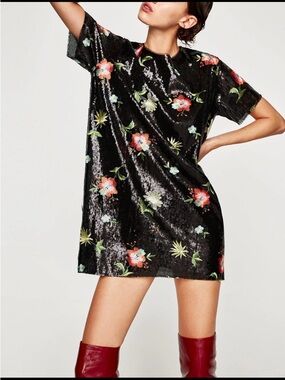 Zara Woman Black Sequin Floral mini dress, Size Small